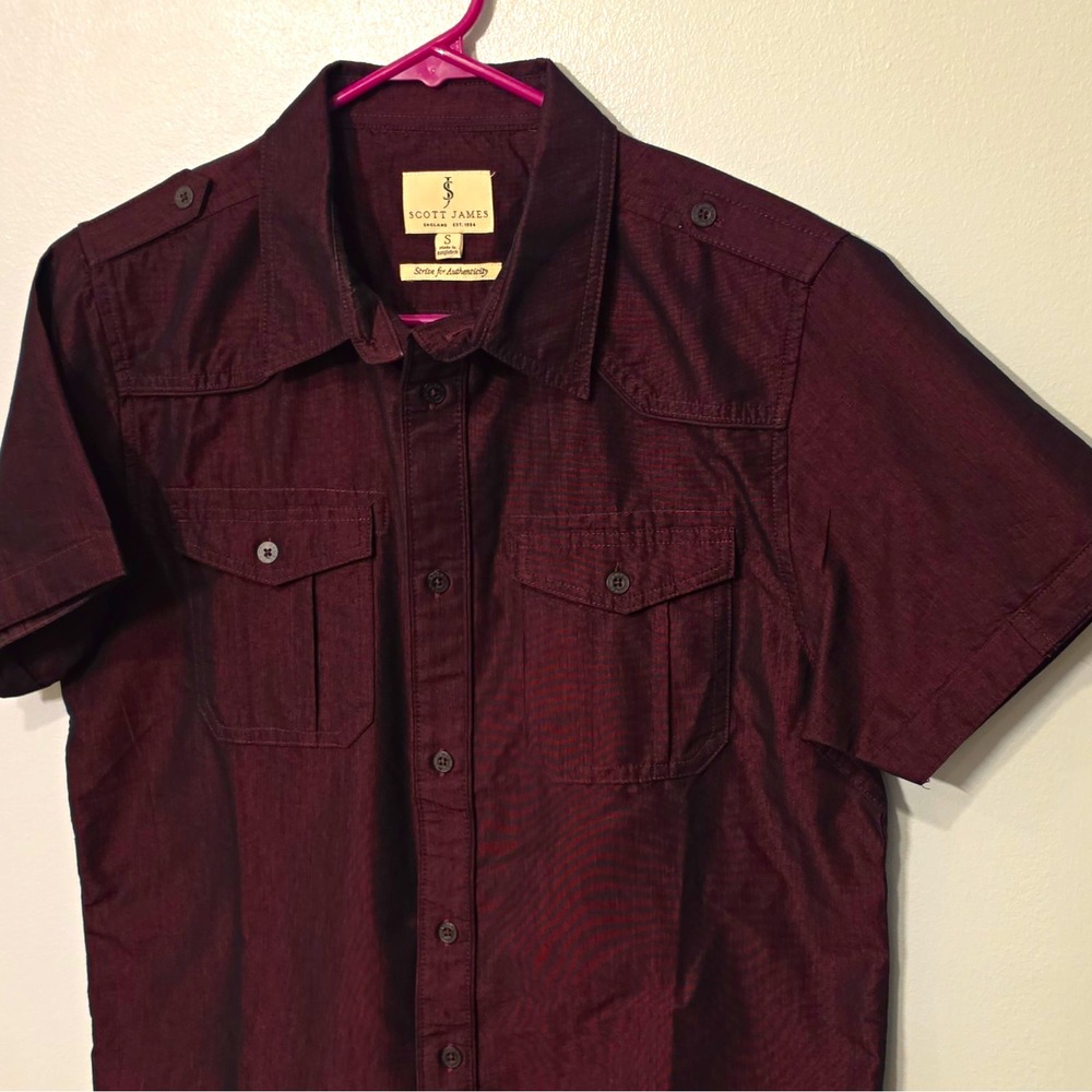 Scott James Men's Woven Cotton/Poly SS Button-Up Solid Burgundy Pockets S #207